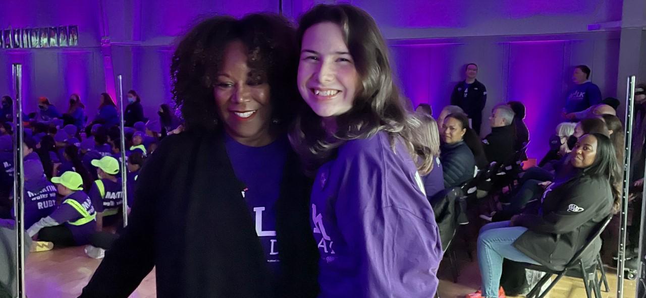 Ruby Bridges surprises students including South City High sophomore Maddie Popielak, who as a fifth grader at Martin Elementary School helped jump start the Ruby Bridges Day movement, during SSFUSD’s annual Ruby Bridges Walk to School Day celebrations on November 14, 2022.